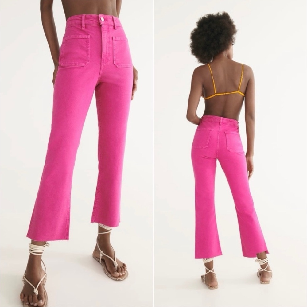 Zara The Sailor Cropped Flare Pink Frayed Hem Jeans Size 6